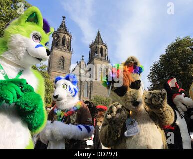 Magdeburg, Deutschland. 23. August 2013. Teilnehmer der Eurofurence Convention tragen fantasievolle Tierkostüme, nehmen sie Teil an der Parade im Dome in Magdeburg, Deutschland, 23. August 2013. Rund 1.400 Fans von bizarren pelzigen Tierkostüme sind erwartet der 19. Eurofurence Convention in Magdeburg, die bis zum 25 August stattfindet. Foto: JENS WOLF/Dpa/Alamy Live News Stockfoto