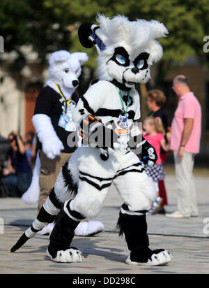 Magdeburg, Deutschland. 23. August 2013. Teilnehmer der Eurofurence Convention tragen fantasievolle Tierkostüme, nehmen sie Teil an der Parade in Magdeburg, Deutschland, 23. August 2013. Rund 1.400 Fans von bizarren pelzigen Tierkostüme sind erwartet der 19. Eurofurence Convention in Magdeburg, die bis zum 25 August stattfindet. Foto: JENS WOLF/Dpa/Alamy Live News Stockfoto