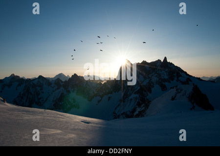 Sunrise Strahlen über den Grandes Jorasses Nordwand von Valle blanche gesehen. Französische Alpen. mont blanc Bereich. Morgen in Bergen mit Frühaufsteher. Stockfoto