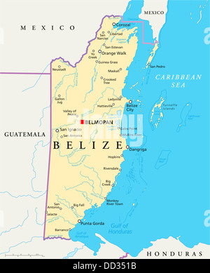 Politische Karte von Belize mit Hauptstadt Belmopan, Landesgrenzen, wichtige Städte, Flüsse, Seen. Englische Beschriftung und Skala. Stockfoto