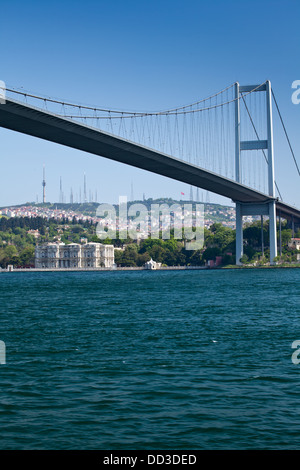 Die Bosporus-Brücke und Beylerbeyi-Palast in Istanbul, Türkei. Stockfoto