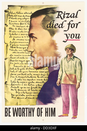 Dieses Poster mit der Aufschrift "Rizal starb für dich - sei ihm würdig" erinnert an das Leben und das Vermächtnis von José Rizal, einem philippinischen Nationalisten und Revolutionär. Rizal wurde 1896 von der spanischen Kolonialregierung hingerichtet und gilt als Nationalheld der Philippinen. Stockfoto