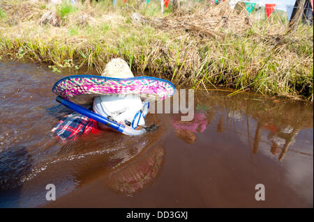 Llanwrtyd Wells, UK. 25. August 2013. Olwyn Elliot 30, konkurriert mit ihrem Kollegen "Bog Banditen" alle ursprünglich aus Fermanah N. Ireland. Der jährlichen Weltmeisterschaft Bogsnorkelling findet jeden August Bank Holiday im berühmten Wän Rhydd Bog.in die Waliser der Cambrian Mountains in der Nähe von der kleinsten Stadt in Großbritannien bekannt für seine skurrilen Sport. Die Idee entstand im Jahr 1985 durch Vermieter Gordon Green The Neuadd Arms Pub Llanwrtyd Wells auf die Karte setzen. Weltmeister ist Andrew Holmes mit einer Zeit von 84secs im Jahr 2011. Foto: Graham M. Lawrence/Alamy Live-Nachrichten. Stockfoto