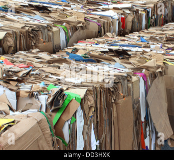 Recycling-Karton Verpackung Konzept mit Stapeln von komprimierten Wellpappe Müll als Symbol für die Erhaltung und die Umwelttechnologie-Unternehmen zu recyceln. Stockfoto