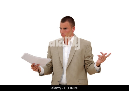 Junge Person, die Teilnahme an Geschäftsgespräch isoliert auf weiss Stockfoto