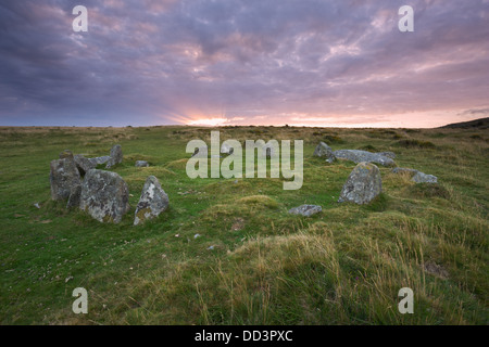 Sonnenaufgang über neun Jungfrauen Bronzezeit Steinkreis, Dartmoor Nationalpark Devon Uk Stockfoto