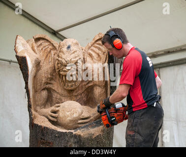 Tabley, Cheshire, UK 25 August, 2013. Andy Burgess & Yoda auf der 9. englischen Öffnen Chainsaw Carving Wettbewerb, Cheshire County Showground, Spiel und County Fair, die Kettensäge Carver Holz (manchmal riesige Bits) schönen Schnitzereien von bis zu 20 Meter hoch zu produzieren. Wenn jeder wird gesucht nach Kunstwerk holz skulptur, Sägemehl, Bildhauer, Holz, Späne, Log, professionell, arbeiten, Kunst, Künstler, Ausschneiden, Kettensäge, Kunstwerke aus grobem Holz Log gemacht. Stockfoto