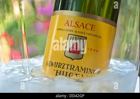 ALFRESCO WEIN SCHAUFEL CHILLER "hugel" gewürztraminer Weißwein Flasche Wein Kühler in Alfresco situation Riquewihr Elsass Frankreich Stockfoto