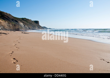 Spuren im Sand mit Klippen und Meer Strand Stockfoto