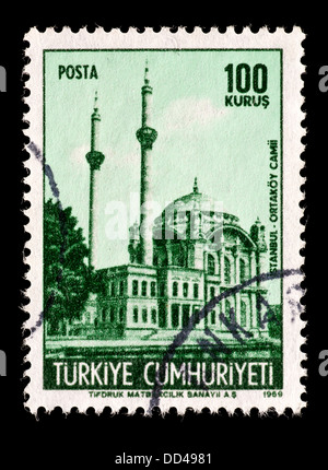 Briefmarke aus der Türkei Darstellung Ortakoy-Moschee in Istanbul. Stockfoto