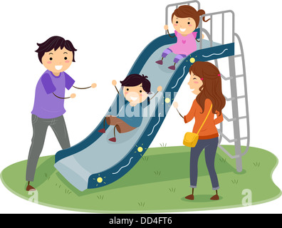 Illustration der Stickman-Familie auf einem Spielplatz mit Kindern spielen in Folie Stockfoto