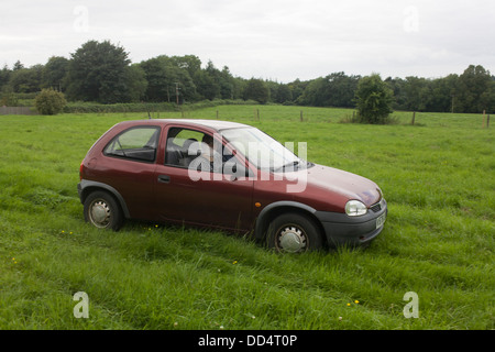 Ein 17 Jahre junges Mädchen nimmt ihre erste Fahrstunde auf einer Wiese auf einem privaten Grundstück. Stockfoto