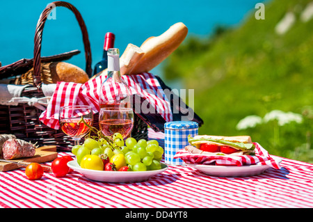 schmeckte Picknick auf dem Rasen in der Nähe von einem See Stockfoto