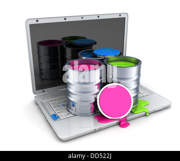 Laptop und Farbe auf weißem Hintergrund (durchgeführt in 3d) Stockfoto