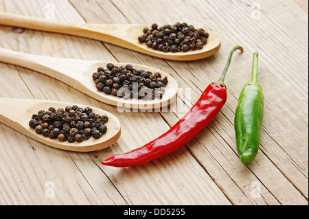 Schwarze und rote Paprika in Holzlöffel auf dem alten board Stockfoto