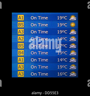 Flughafen elektronische Anzeigetafel, die auf Zeit Flüge und Wetter Stockfoto