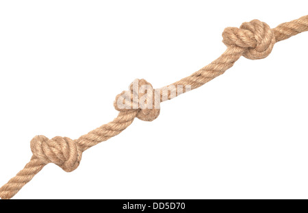 Seil mit Knoten isoliert auf weißem Hintergrund Stockfoto
