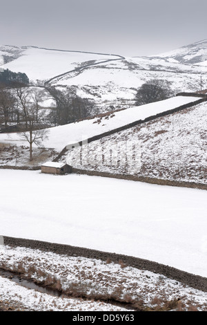 Das Ackerland und die Hänge sind in den Tiefen des Winters in den Trog Bowland, Lancashire, England im Schnee bedeckt. Stockfoto