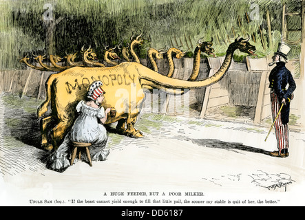 Monopol Drache", eine riesige Feeder, aber eine schlechte Melker, 'Cartoon 1887 Begünstigung Kartellrecht. Hand - farbige Holzschnitt von W.A. Rogers Cartoon Stockfoto