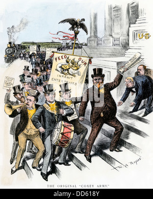 Kapitalisten günstig behandelt, die von der Regierung im Gegensatz zu Arbeitsmarkt Coxey's Armee März, 1890. Hand - farbige Holzschnitt von W.A. Rogers Cartoon Stockfoto