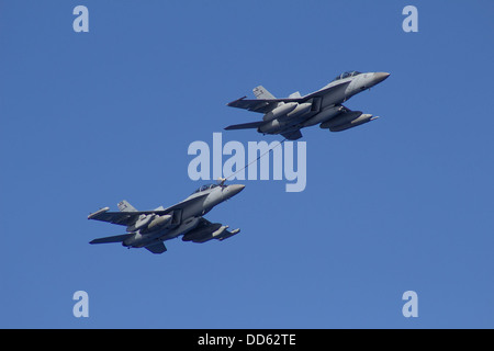 Eine F/A-18E Super Hornet aus der Diamondbacks des Strike Fighter Squadron (VFA) 102, rechts, und eine EA - 18G Growler aus der Shado Stockfoto