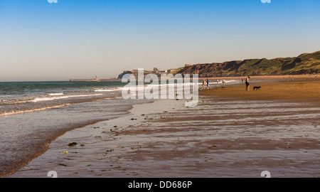 Menschen auf Whitbys Strand an einem sonnigen Sommertag in der Nähe von Whitby, North Yorkshire, UK Stockfoto