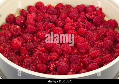 Gefrorene Himbeeren auf Kuchenteig Stockfoto