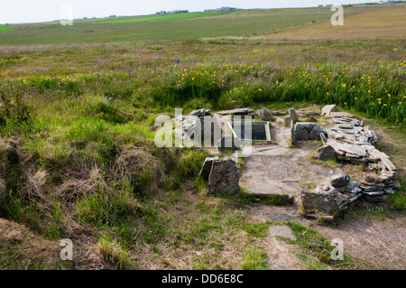 Die Bronzezeit Liddle oder Liddel Burnt Mound auf South Ronaldsay, Orkney. Stockfoto