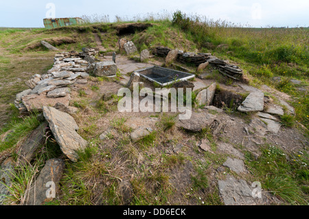 Die Bronzezeit Liddle oder Liddel Burnt Mound auf South Ronaldsay, Orkney. Stockfoto