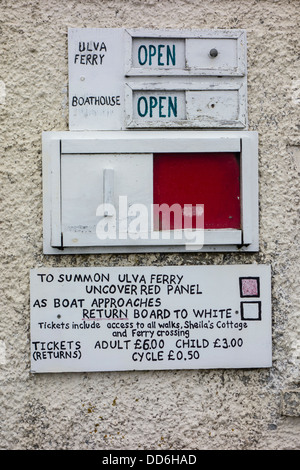 Fähre-Schild am Ulva Fähre dazu verwendet, die Fähre, Isle of Mull, Argyll und Bute Stockfoto