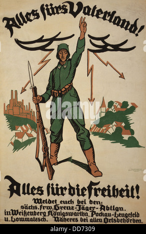 1. Weltkrieg. Deutsche recruiting Plakat zeigt einen deutschen Soldat mit Gewehr in einer Hand und die andere wuchs in das 'V'-Zeichen. Stockfoto