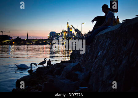 Zwei Männer sitzen am Fluss und beobachten, Gänse und ein Schwan in Frankfurt Main, Deutschland, 21. August 2013. Die Skyline der Stadt ist sichtbar in den Rücken. Foto: Frank Rumpenhorst Stockfoto