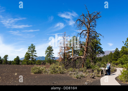 Ältere Paare auf die Lava Flow Trail am Sunset Crater Volcano National Monument, in der Nähe von Flagstaff, Arizona, USA Stockfoto