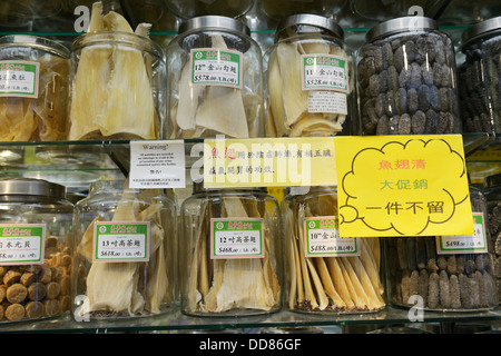 Getrocknete Haifischflossen zu verkaufen in Chinatown, New York.  Verwendet, um die Haifischflossen-Suppe, eine Delikatesse für besondere Anlässe. Stockfoto