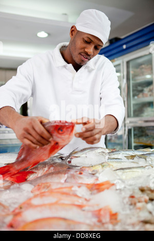 Gemischte Rassen Lebensmittelhändler Zubereitung von Fisch im Markt Stockfoto