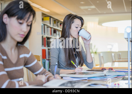 Studenten, die Arbeiten am Schreibtisch in Bibliothek Stockfoto