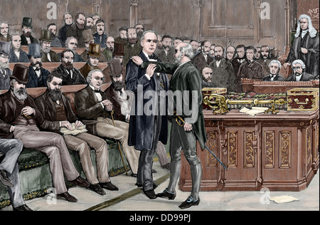 Brandlaugh, Charles (1833-1891). Englische Politiker. Brandlaugh Stellvertreter verhaftet, weil er sich weigerte, die Commons Chamber zu verlassen. Stockfoto