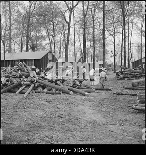 Dieses Bild aus dem Rohwer Relocation Center in McGehee, Arkansas, zeigt eine Holzschnitzszene auf einer Straße innerhalb des Lagers. Das Zentrum war eines der Internierungslager der Japaner während des Zweiten Weltkriegs Stockfoto