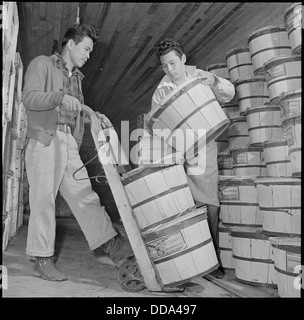 Dieses Foto zeigt Einzelpersonen im Rohwer Relocation Center in McGehee, Arkansas, die Lebensmittel aus der Kühlbox sammeln. Das Zentrum war eines der Internierungslager für japanische Amerikaner während des Zweiten Weltkriegs. Stockfoto