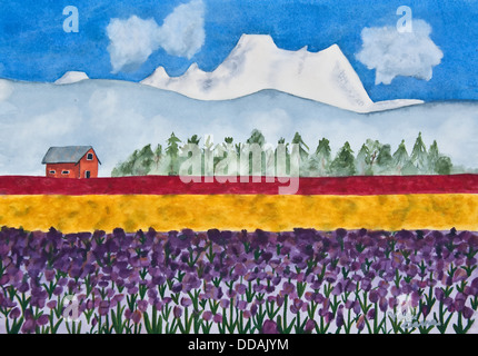 Dieses Aquarell ist eine Landschaft der Skagit Valley Tulpenfelder und schneebedeckten Mount Baker im Hintergrund. Stockfoto