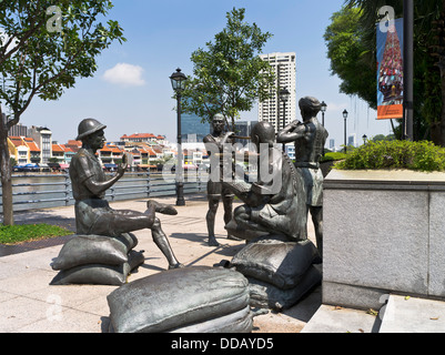 dh River Statue NORTH BOAT QUAY SINGAPUR Bronze Statuen A Great Emporium von Malcolm Koh kolonialen britischen Reich alt Stockfoto