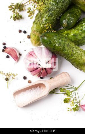 Draufsicht auf eingelegte Gurken mit Salz und Knoblauch über weiß Stockfoto