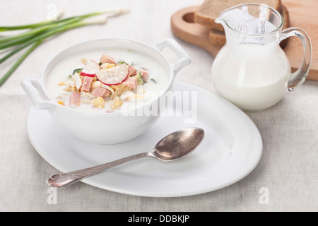 Kalten Kefir-Suppe mit Eiern und Wurst Stockfoto