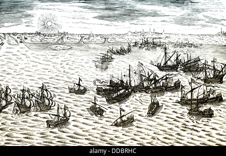 Historische Zeichnung, Seeschlacht zwischen den Niederlanden und Spanien während des Achtzigjährigen Krieges, 1568-1648, Stockfoto