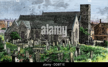 St. Peter's Kirche in Monkwearmouth, England, im 7. Jahrhundert gegründet. Hand - farbige Holzschnitt Stockfoto