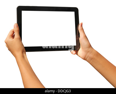Mädchen Hände halten einen Tablet berühren Computer Gadget mit isolierten Bildschirm Stockfoto