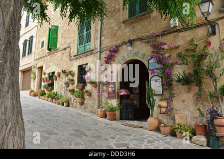 Typisch mediterrane Dorf mit Blumentöpfe in Fassaden in Valldemossa, Mallorca, Spanien (Balearen) Stockfoto