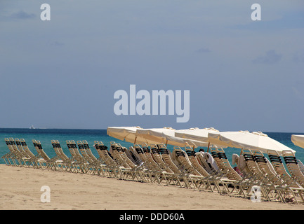 Reihen von Schwarz und weiß Liegestühle mit Sonnenschirmen große Schatten am warmen Sandstrand, begrüßen Urlauber zum hinsetzen und entspannen. Stockfoto