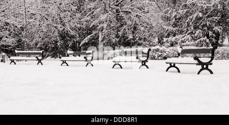 Schnee bedeckte Bänke Stockfoto