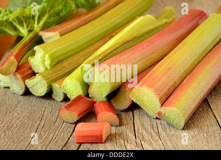 Frischen Rhabarber auf hölzernen Gartentisch Stockfoto